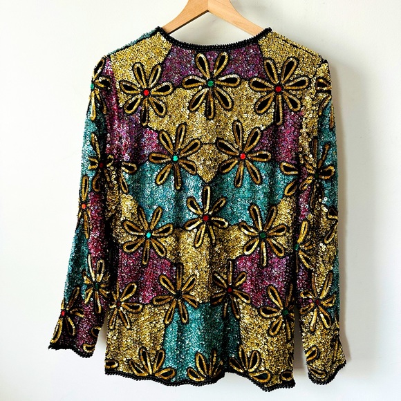 Vintage 1980's Evening Sequin Floral Design Jacket By Royal Feelings Size M - Picture 3 of 6